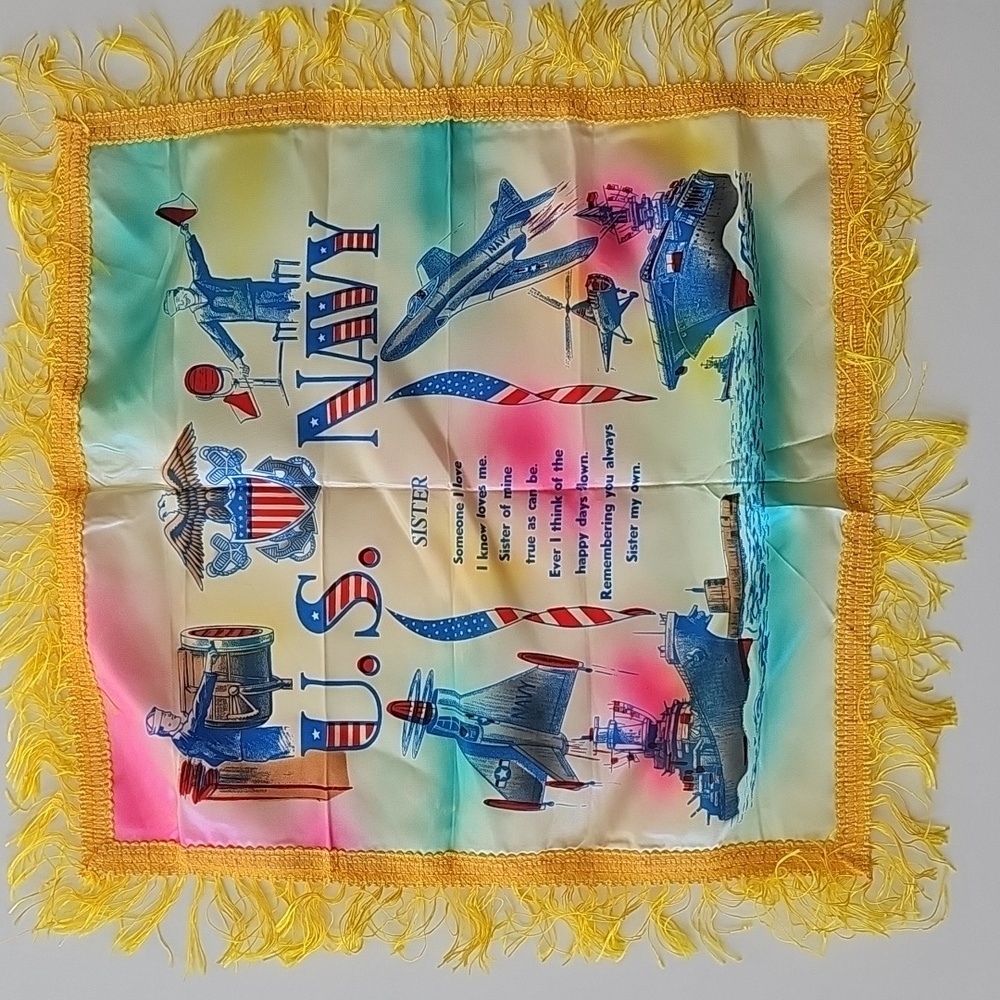 Vintage U.S. Navy "Sister" Decorative Silk Pillowcase with Yellow Fringe EUC